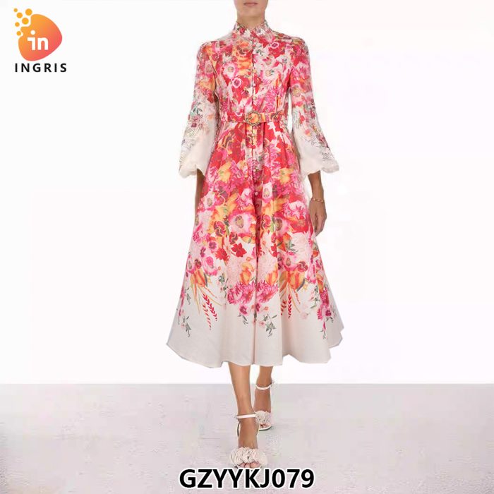 American Dress Women's Printed Flare Sleeves Multi Layered Elegant Round Neck Long Dress Wholesale Clothing-GZYYKJ79