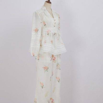 French Retro Heavy Industry Style Summer New Round Neck Hollow-Out Lantern Sleeve Shirt High Waist Skirt Printing Suit-GZYYKJ062