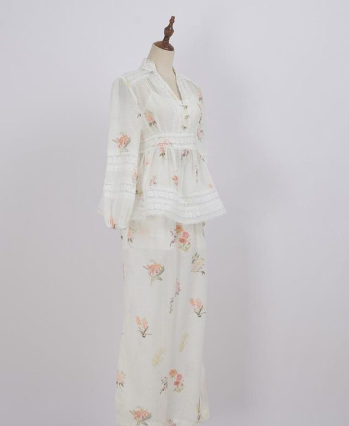French Retro Heavy Industry Style Summer New Round Neck Hollow-Out Lantern Sleeve Shirt High Waist Skirt Printing Suit-GZYYKJ062