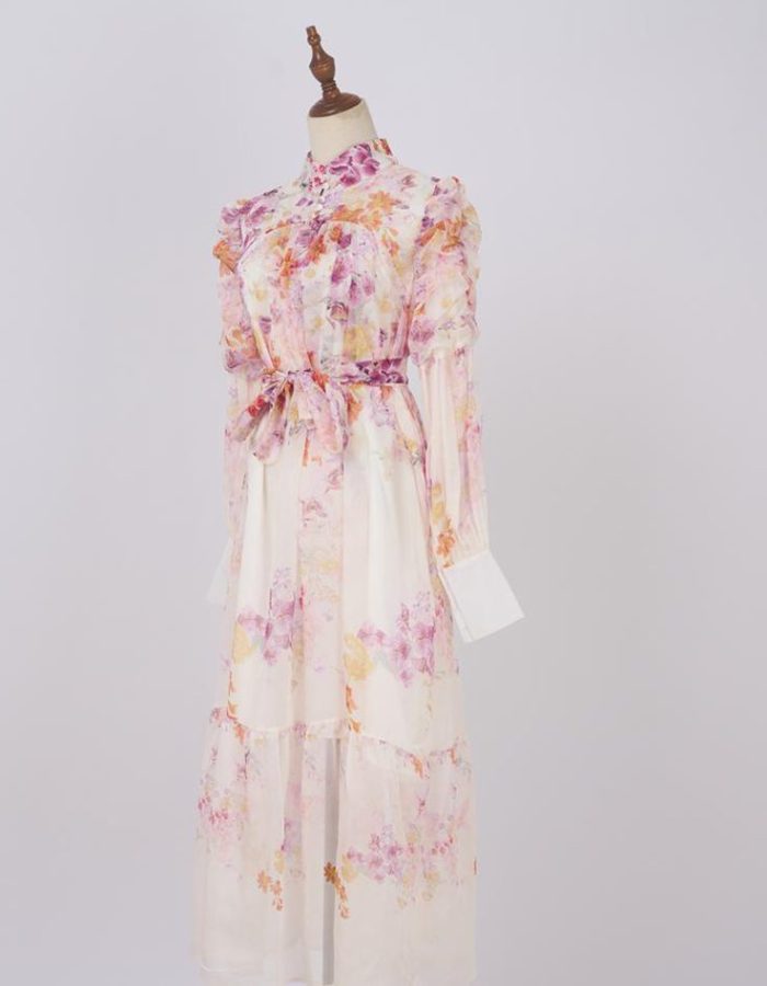 Spring Summer New Fashion Printed Tie Long Elegant Chiffon Dresses for Women-GZYYWL040
