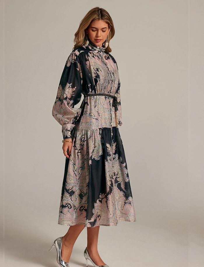 New Design Sense Niche Stand Collar Lantern Sleeve Printed Dress Loose and Thin Elegant Long Dresses-YY0026GZ