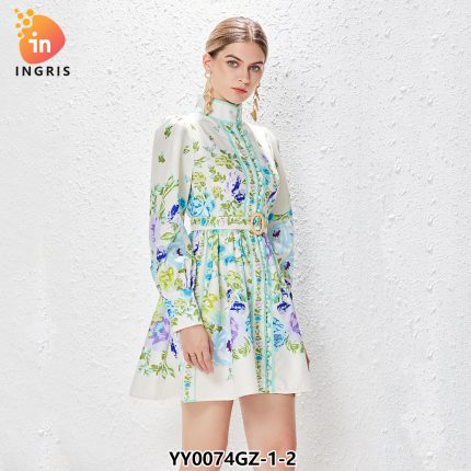 Stand Collar Maxi Casual Dress Barocco Scroll Print Long Dresses Women-YY0074GZ
