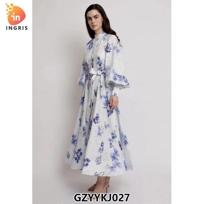 Summer New Style Meat to Lean Temperament a Line Shoulder Fold Print Lady Long Temperament Swing Dress-GZYYKJ027