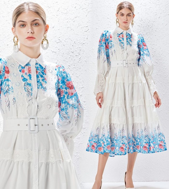 Wholesale Middle Eastern Fashion Clothing Digital Print Mid Waist Long Dress Puffy Sleeve Lapel Robe Women Muslim Abaya-YY0071GZ