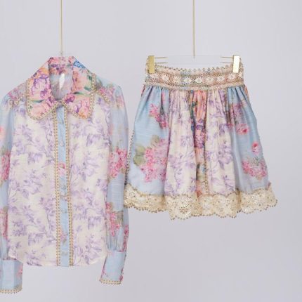 Floral Shirt Top + Lace Stitching High Waist Short Skirt Set-YY0012GZ