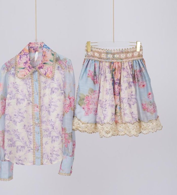 Floral Shirt Top + Lace Stitching High Waist Short Skirt Set-YY0012GZ