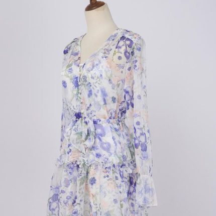 Brand new blue and white buttoned lace-up puff long-sleeved casual and elegant floral short dress-GZYYWL042