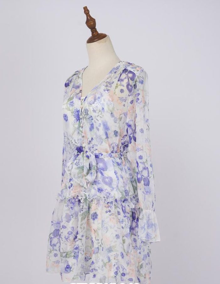 Brand new blue and white buttoned lace-up puff long-sleeved casual and elegant floral short dress-GZYYWL042