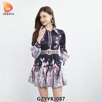Fashion Runway Women Clothing Dress O-Neck Ruched Ruffles Floral Print Midi Pleated Vestidos Casual Holiday Robes-GZYYKJ087