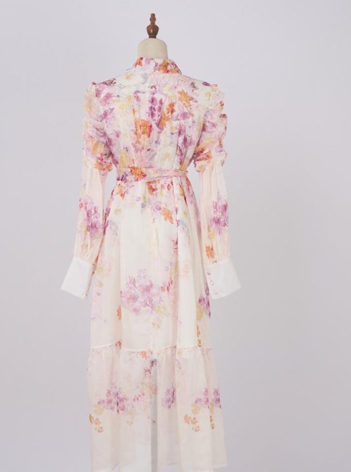 Spring Summer New Fashion Printed Tie Long Elegant Chiffon Dresses for Women-GZYYWL040