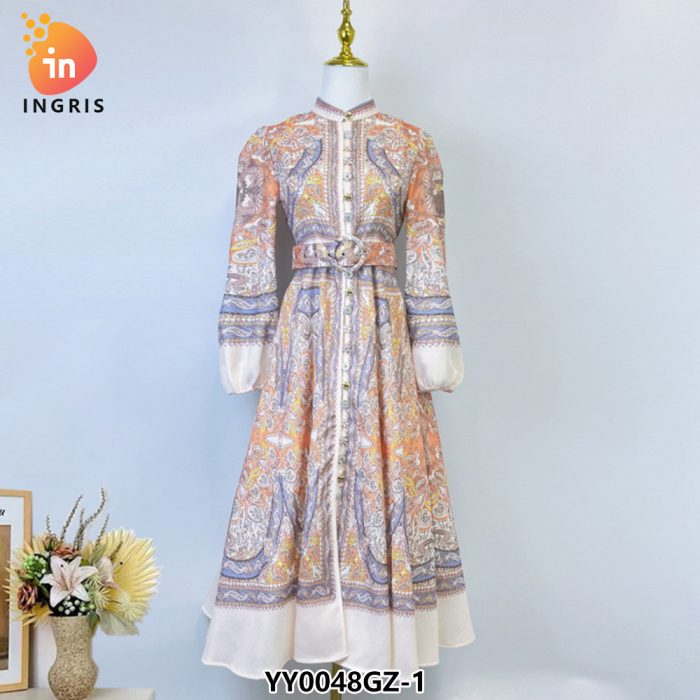Hot-selling Autumn Style Retro Print Long Sleeve Waist Large Swing Dress Standneck Dress-YY0048GZ