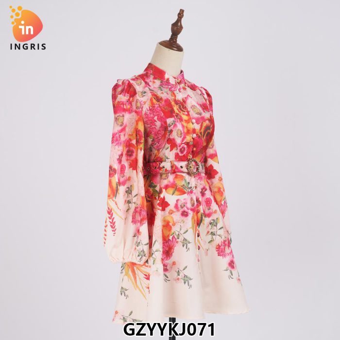 Boutique Wholesale Spring Elegance Lantern Long Sleeved Standing Neck Waist Waist Slimming A-line Printed Women's Dress-GZYYKJ071