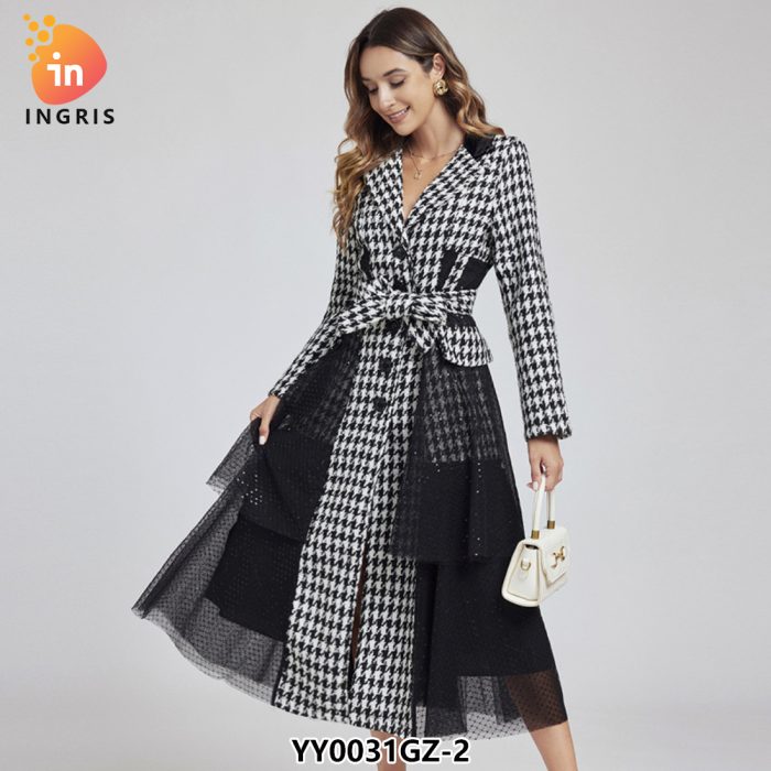 Winter Vintage Notched Collar Tunic Bandage Blazer Midi Dress for Women Empire Patchwork Mesh Dress Black-YY0031GZ
