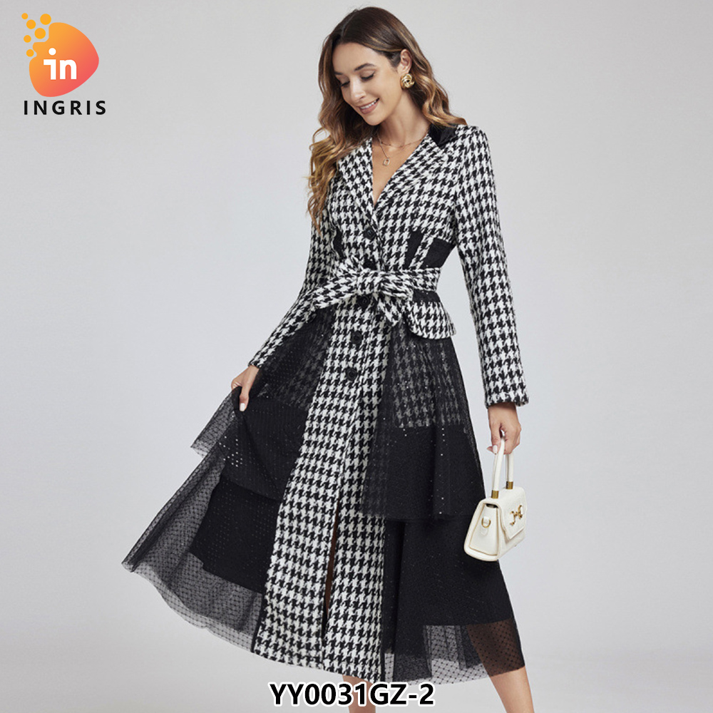 Winter Vintage Notched Collar Tunic Bandage Blazer Midi Dress for Women Empire Patchwork Mesh Dress Black-YY0031GZ