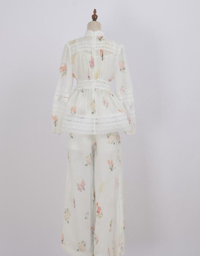 French Retro Heavy Industry Style Summer New Round Neck Hollow-Out Lantern Sleeve Shirt High Waist Skirt Printing Suit-GZYYKJ062