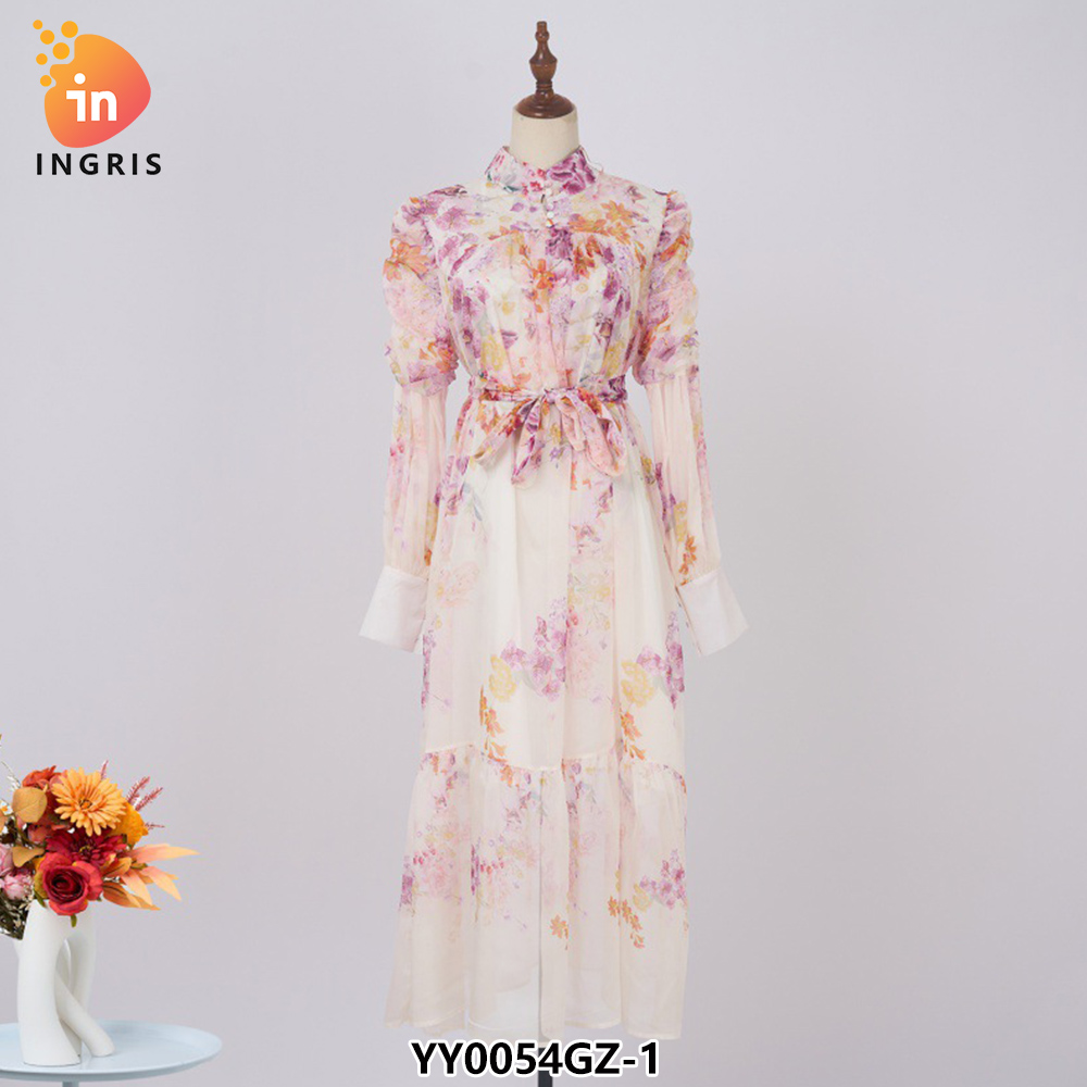 Stand Collar Tunic Bandage Casual Midi Dress for Women Long Sleeve Empire Printed Lace Dress Red Yellow-YY0054GZ