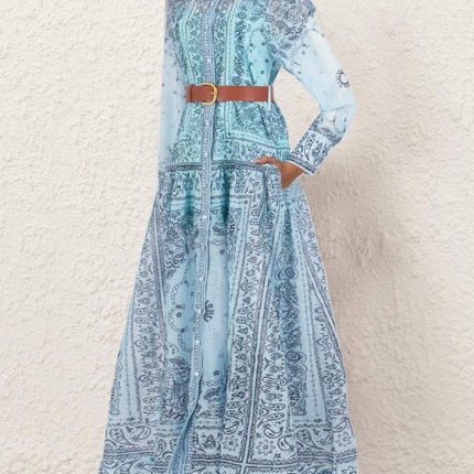 Casual Women's Spring New Vintage Blue and White Pottery Printed Polo Nail Bead Long Sleeve Waist Dresses-GZYYWL050.99