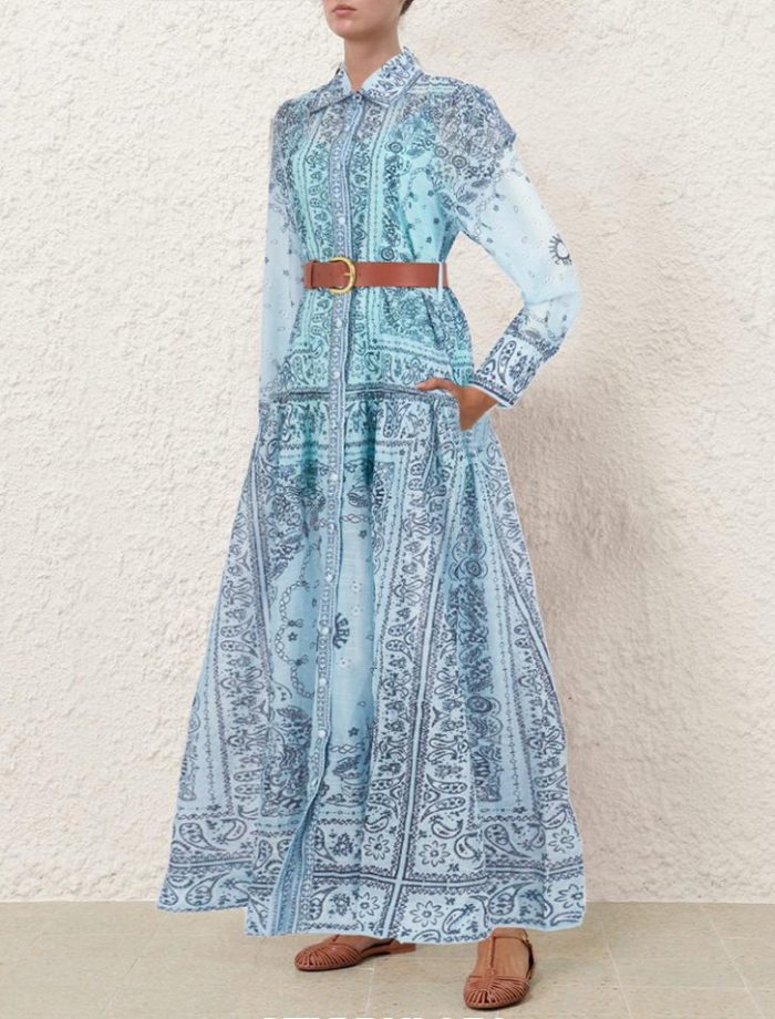 Casual Women's Spring New Vintage Blue and White Pottery Printed Polo Nail Bead Long Sleeve Waist Dresses-GZYYWL050.99