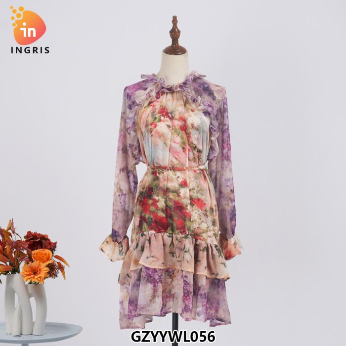 Modest Spring Casual Mandarin Collar Long Sleeves Floral Print Tiered Ruffles Chiffon Maxi Long Dress for Women-GZYYWL056