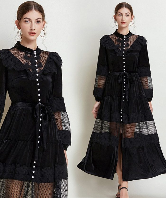 Autumn Winter Velvet Dress O-Neck High Quality Midi Length Vintage Lantern Sleeve Hollow Lace Patchwork Belt Party-YY0032GZ