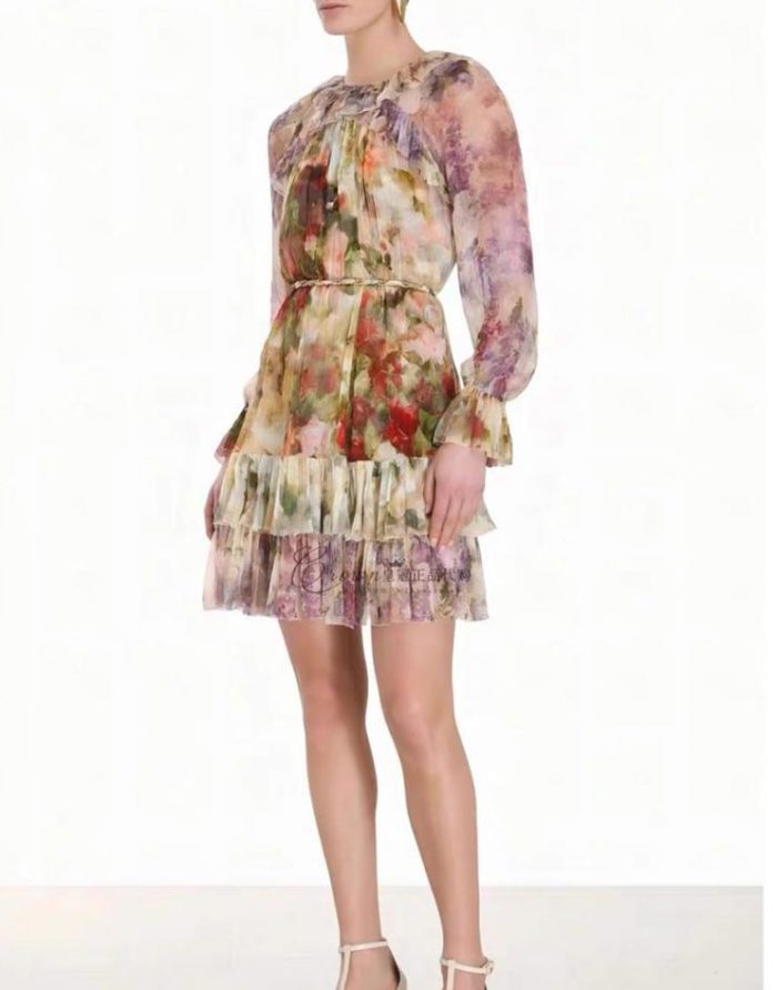 Modest Spring Casual Mandarin Collar Long Sleeves Floral Print Tiered Ruffles Chiffon Maxi Long Dress for Women-GZYYWL058