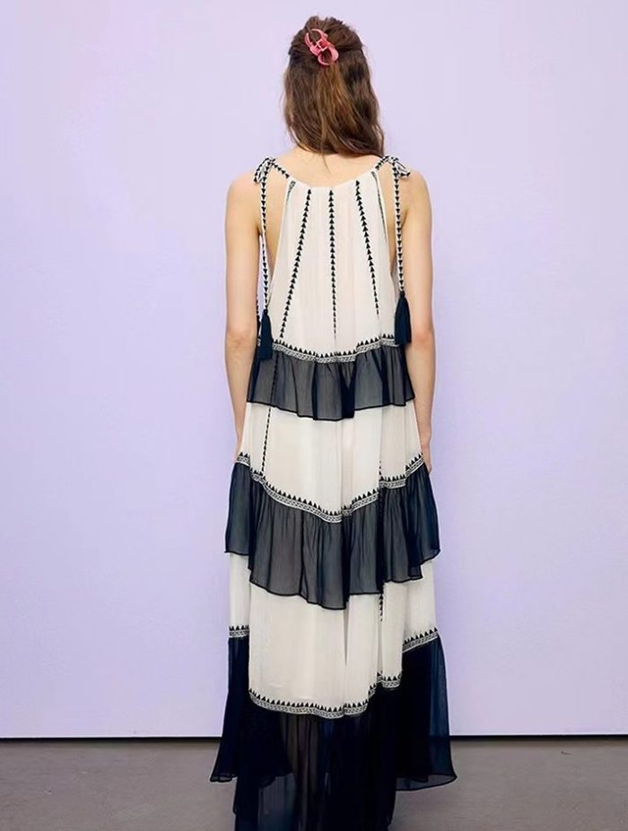 Wholesale Colorblock Tiered Silk Georgette Maxi Dresses Sleeveless Loose Holiday Vacation Dress Beach Ladies Dress-GZYYKJ074