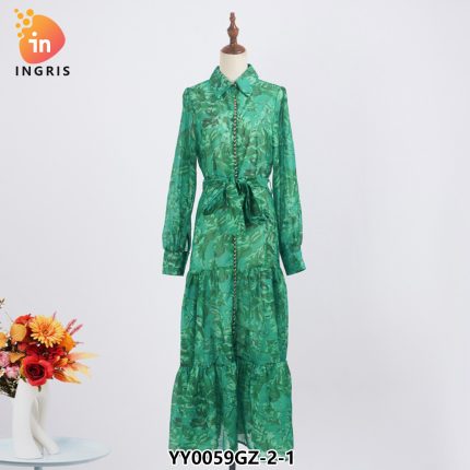 Women Dress Printed Lapel Collar Long Lantern Sleeve With Sashes Vintage Style Elegant 2022 Spring Fashion Dresses-YY0059GZ