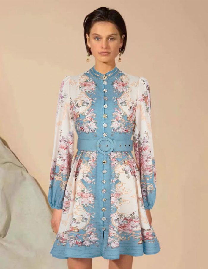 Retro Print Women's Dress Shirt Collar Fashion Puff Sleeve Slim Dress Women Ladies Elegant-GZYYKJ004