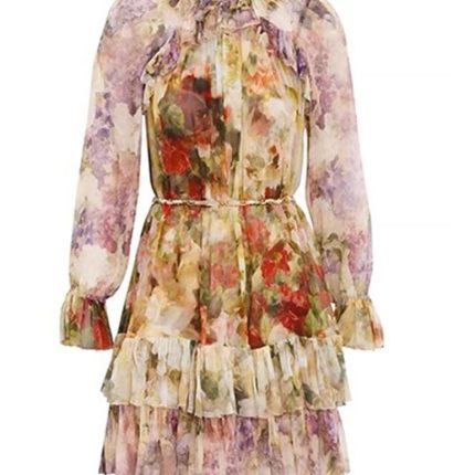 Modest Spring Casual Mandarin Collar Long Sleeves Floral Print Tiered Ruffles Chiffon Maxi Long Dress for Women-GZYYWL058