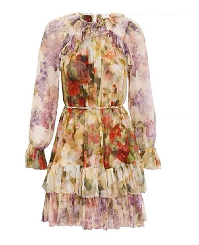 Modest Spring Casual Mandarin Collar Long Sleeves Floral Print Tiered Ruffles Chiffon Maxi Long Dress for Women-GZYYWL058