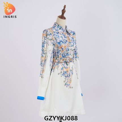 Wholesale in Stock Elegant Turn Down Collar Long Sleeves A-line Ruffle Printed Ladies Floral Dress-GZYYKJ088
