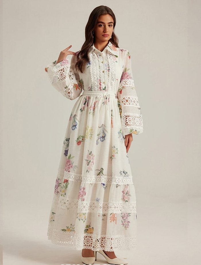 New Fashion Hollow Temperament Long Sleeve Dress Women's French Printed Shirt Dresses-YY0037GZ