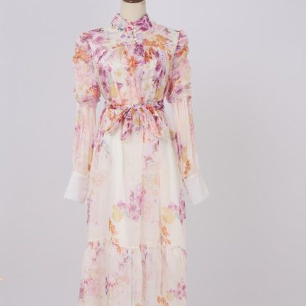 Spring Summer New Fashion Printed Tie Long Elegant Chiffon Dresses for Women-GZYYWL040