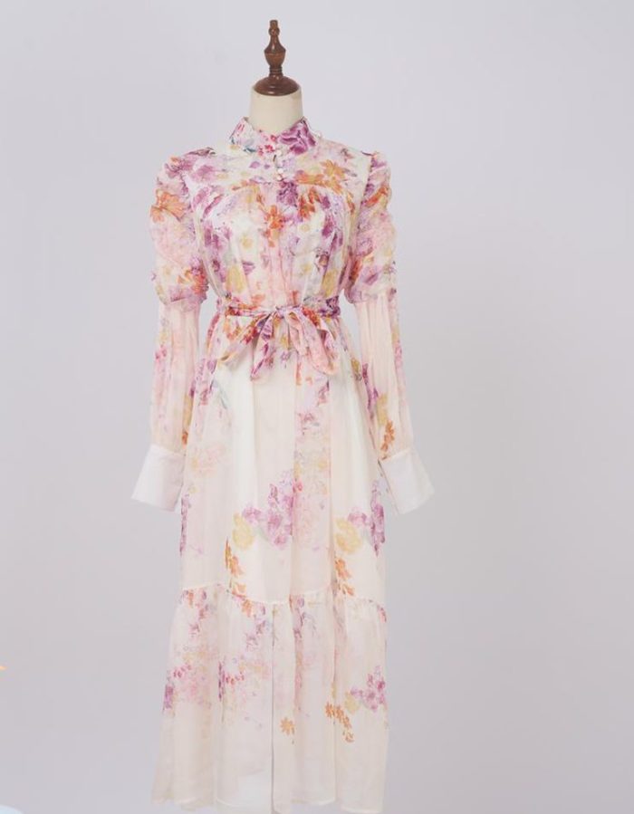 Spring Summer New Fashion Printed Tie Long Elegant Chiffon Dresses for Women-GZYYWL040