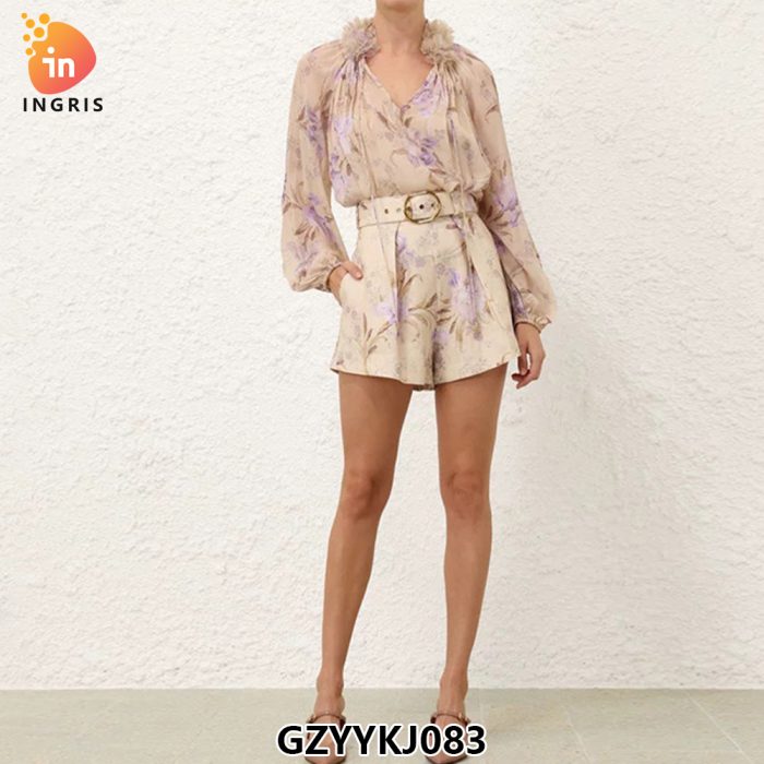 Hot Sale High Quality Stand Collar Floral Loose-Fit Long Sleeve Bodysuits Women Short Jumpsuit Bohemia Style Linen Playsuits-GZYYKJ083
