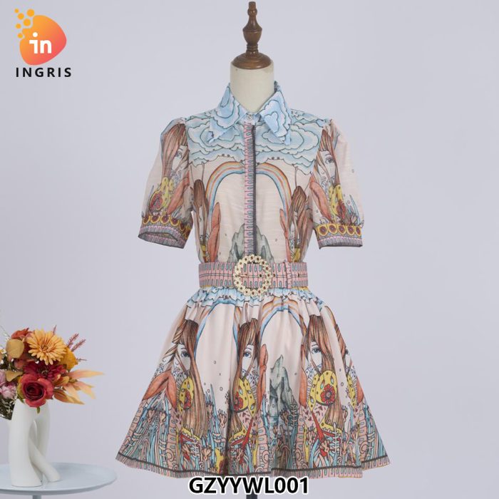 new spring fashionable V-neck short-sleeved positioning printed shirt dress for women casual party tea party dress for women-GZYYWL001