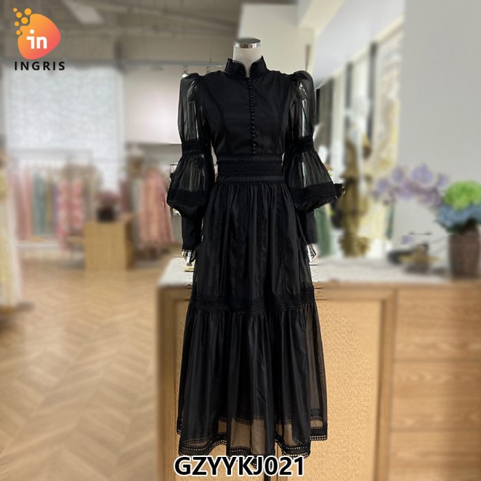 Spring and summer new style fashionable and elegant long skirt lace splicing design lantern sleeve dress-GZYYKJ021