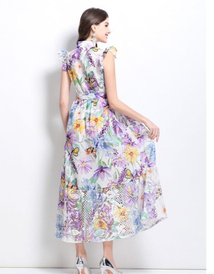 Summer Printed Chiffon Dress New Sexy Slash Neck Ruffle Long Dresses-YY0019GZ