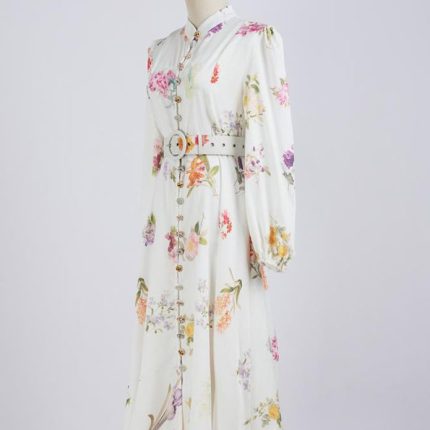 Wholesale Women's Clothing Spring New Lantern Sleeve Printed Single Breasted Dress-GZYYWL049