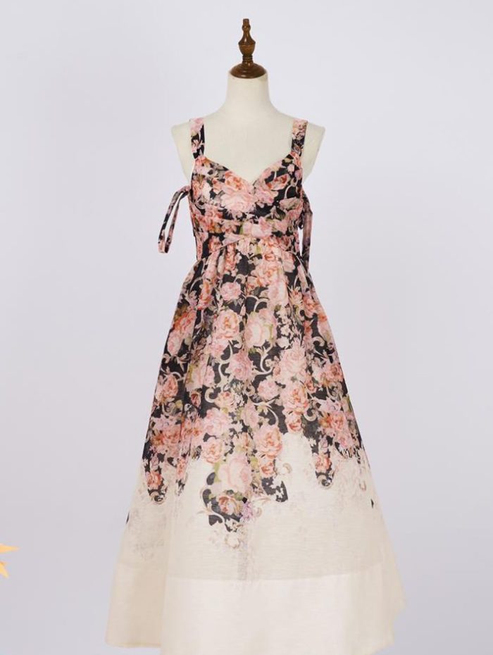 Lancai French Retro Western Style Positioning Printed Dress for Women Lace-up Hemline Puffy Dress-GZYYWL029