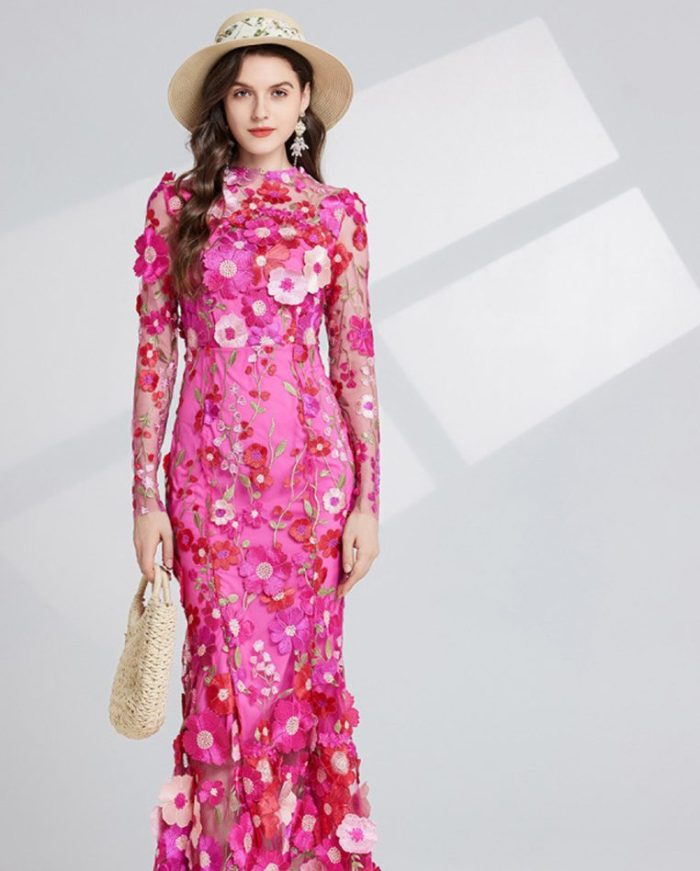 Fashion Flower Printed Embroidered Long Dress Women Elegant O-neck Long Sleeve Lace Slim Dresses Spring Female Party Robes-YY0033GZ