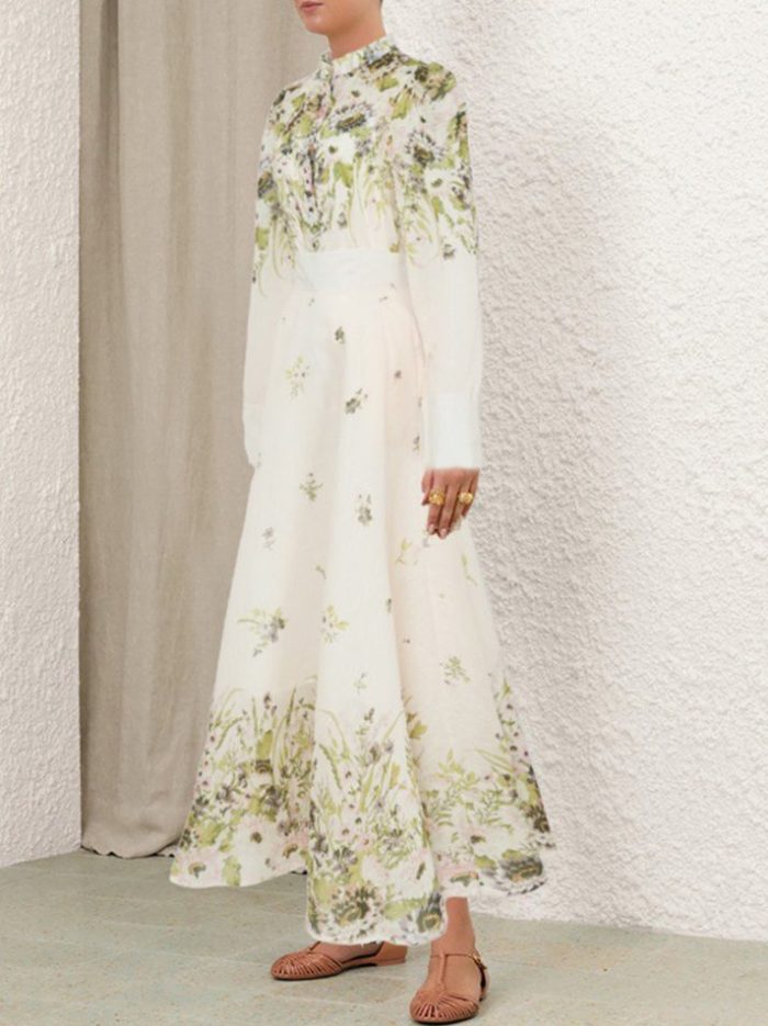 Crew Neck Floral Print Back Zipper Fly Long Sleeve Multi Color Casual Fashion Long Dress for Women-YY0053GZ