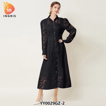 Women's fashion lapel long sleeve solid color lace big swing A-line dress-YY0029GZ