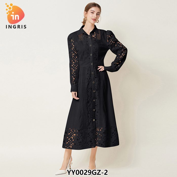 Women's fashion lapel long sleeve solid color lace big swing A-line dress-YY0029GZ