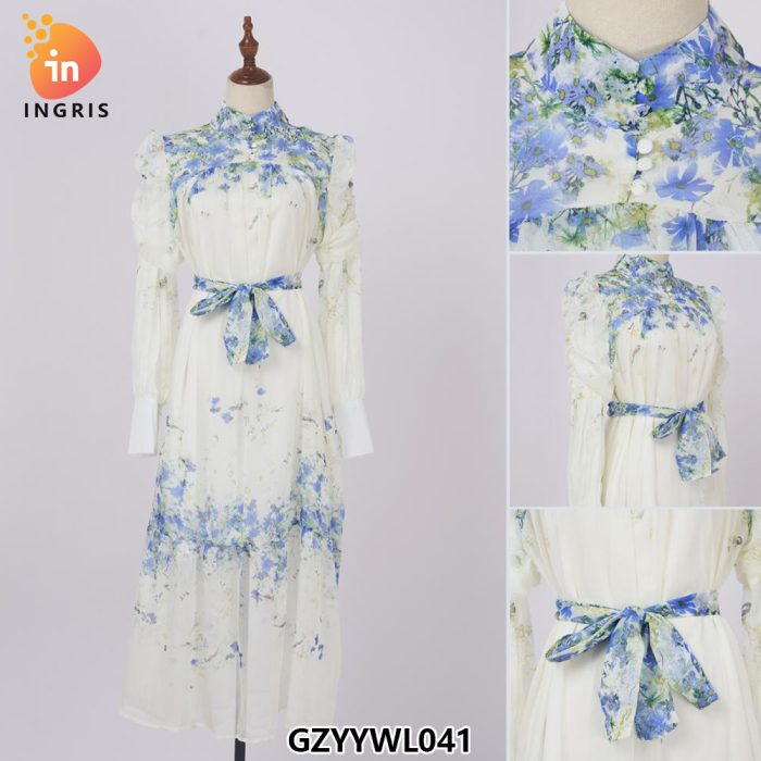 Women's New Long Sleeve Satin Vintage Stand Collar Lantern Sleeve Printed Dress European and American Women's Wear-GZYYWL041