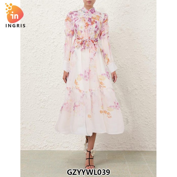 Stand Collar Floral Print Long Sleeve Buttons up Casual Fashion Midi Dress for Women-GZYYWL039