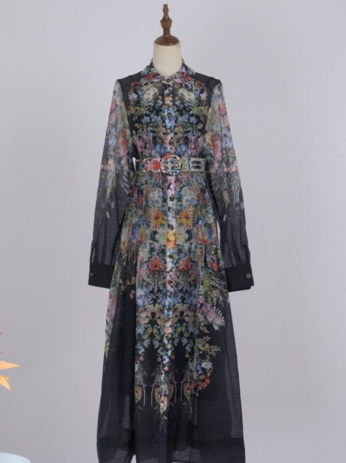 New Fashion Spring/Summer Women's Vacation Style Suit Collar Short Sleeve Large Swing Long Dress Printed Dress-YY0060GZ