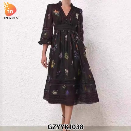 Mr. Water New York Natural Organic Cotton. Retro French Style V Neck Embroidery Flower Dress.-GZYYKJ038