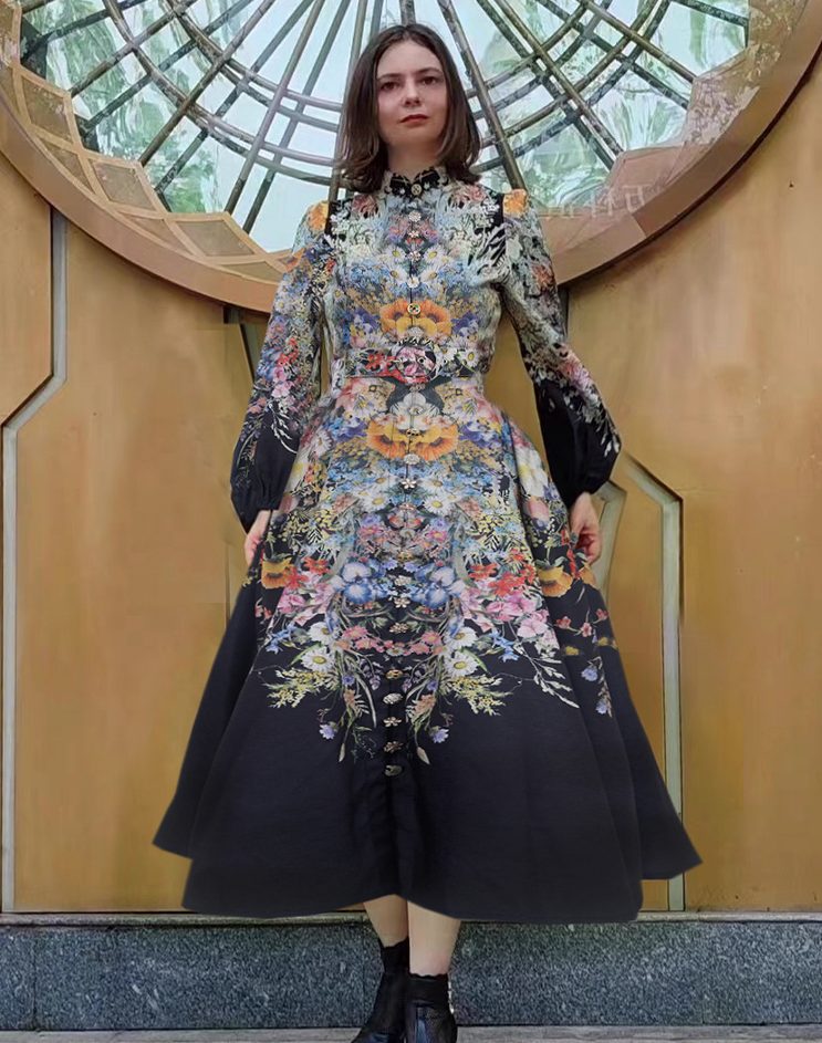 Elegant Women Clothing New Round Neck Flower Print Silky Dress-GZYYKJ010