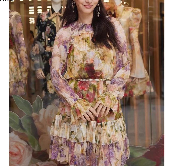 Modest Spring Casual Mandarin Collar Long Sleeves Floral Print Tiered Ruffles Chiffon Maxi Long Dress for Women-GZYYWL058